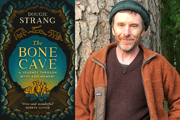 Author Dougie Strang, a white man with a beard wearing a fleece and hat, next to the book cover for his book The Bone Cave